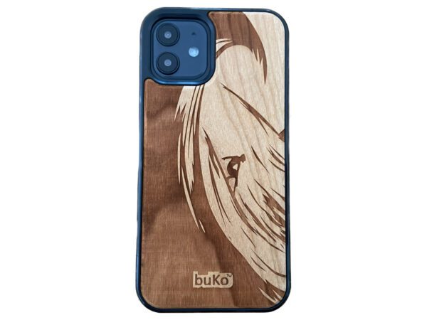 Wooden iPhone 12 Case with Surfer surfing a wave