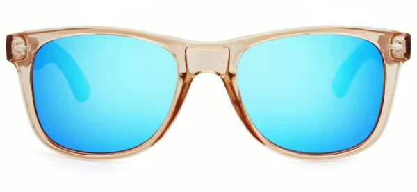 Champagne runaway wooden sunglasses with blue mirror lenses