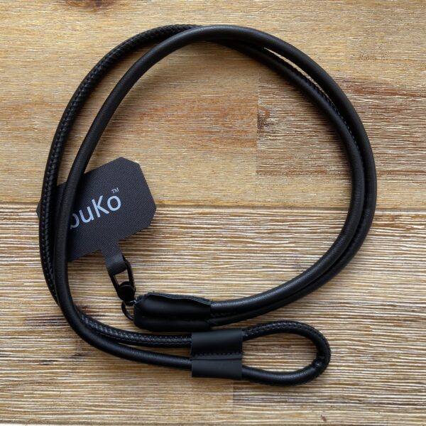 black leather phone lanyard strap