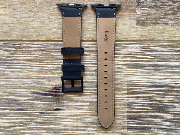 back side of black leather apple watch band