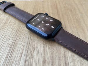 dark brown leather strap on Apple Watch