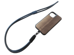 Black crossbody phone strap on wooden phone case