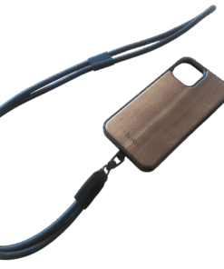 Black crossbody phone strap on wooden phone case