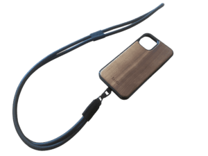 Black crossbody phone strap on wooden phone case