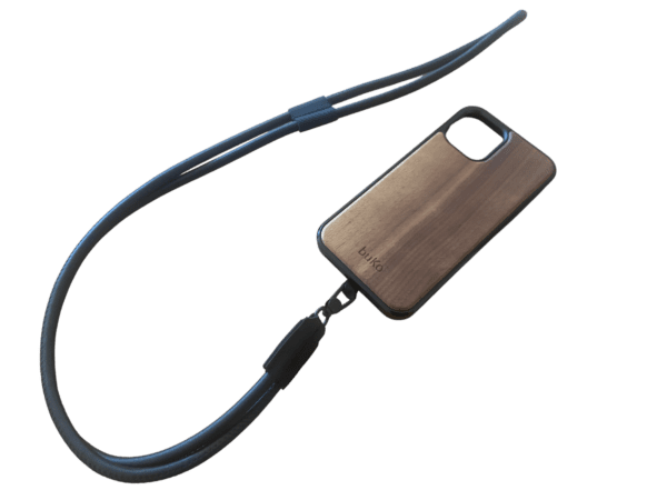 Black crossbody phone strap on wooden phone case