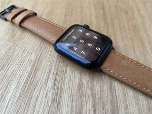 light brown leather band on Apple Watch