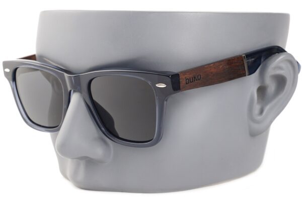 Avoca Blue wooden sunglasses on a mannequin