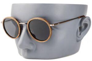 Kala wooden sunglasses on a grey mannequin