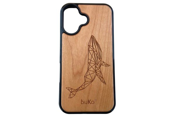 wood iphone 16 pro case with engraving of geometric whale