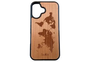 wooden iPhone 16 pro case with world map engraved