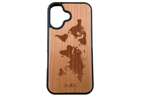 wooden iPhone 16 pro case with world map engraved