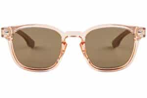 front view of BuKo Byron sunglasses amber transparent frame with wooden temples and brown lenses