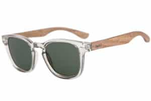 Wilga transparent frame sunglasses with wooden temples and green lenses