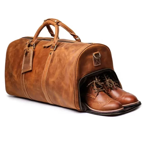 Leather duffle bag with shoe compartment