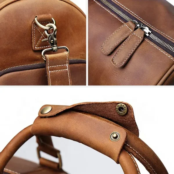 Hardware and zips on leather duffle bag