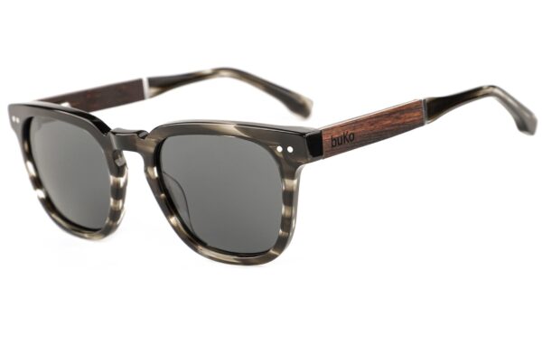 Lennox Ash sunglasses with dark grey acetate frame and wooden temples