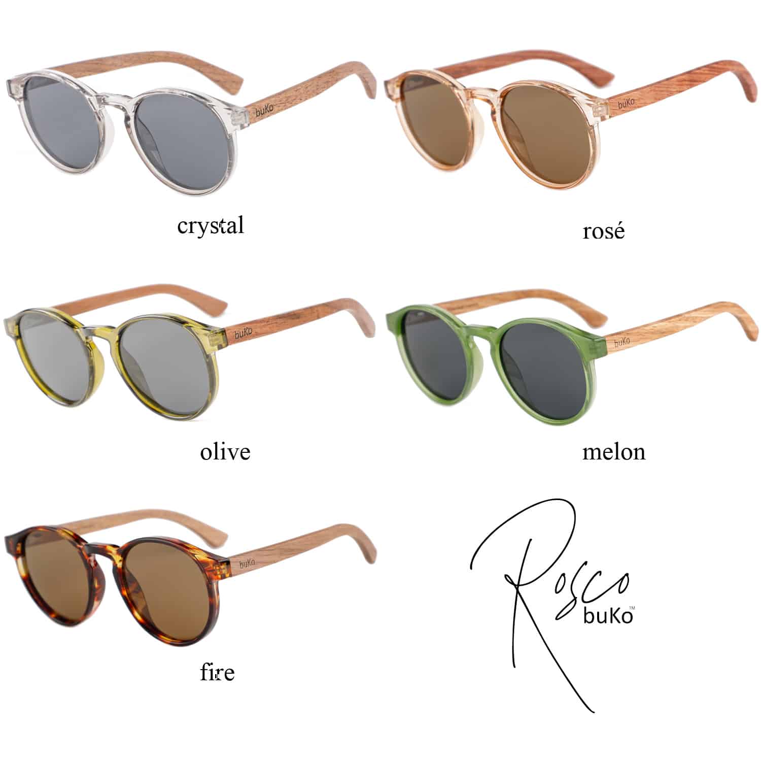 5 different colours of Rosco sunglasses by buko