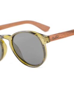 rosco olive green round sunglasses with wood arms by buko