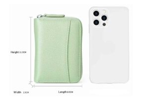 green wallet next to an iPhone 12 to show size comparison