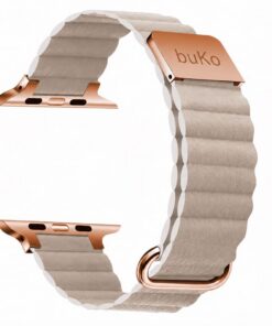 Beige Ripple leather magnetic Apple Watch band by Buko with rose gold hardware and a laser-engraved buKo logo on the metal clasp.