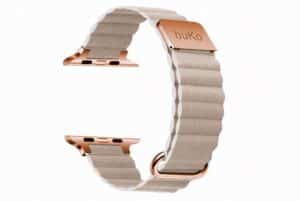 Beige Ripple leather magnetic Apple Watch band by Buko with rose gold hardware and a laser-engraved buKo logo on the metal clasp.