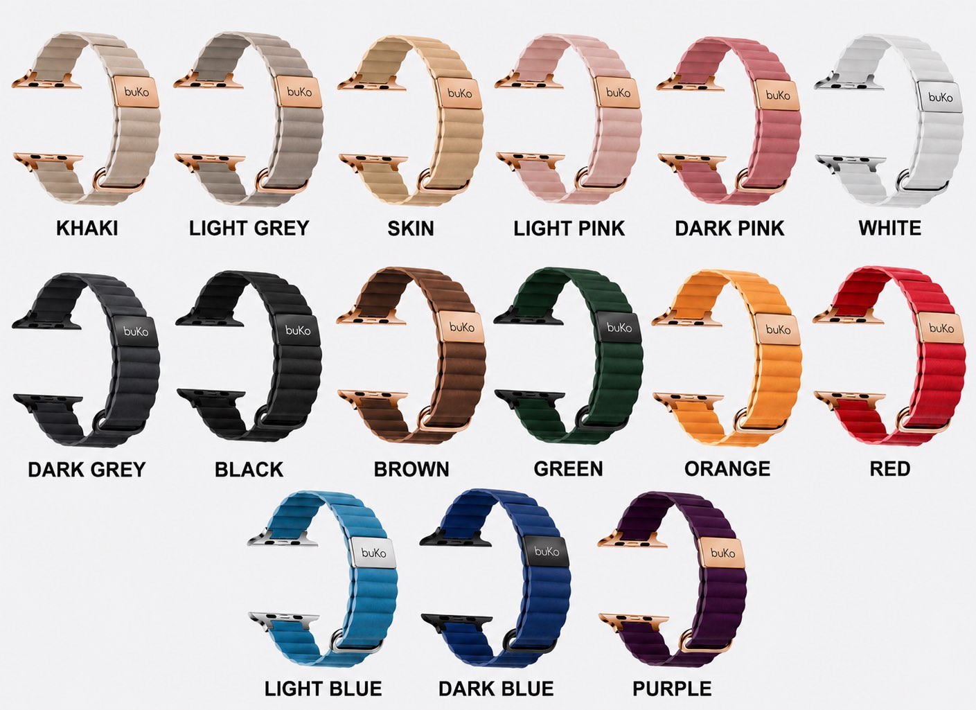 All Ripple leather magnetic Apple Watch band colours by Buko, showing khaki, grey, pink, white, black, brown, green, orange, red, blue and purple options with branded metal magnetic closures.