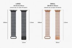 **SEO file name:** `ripple-leather-magnetic-apple-watch-band-size-guide-buko.jpg` **Alt tag:** Ripple leather magnetic Apple Watch band size guide by Buko, showing large 44/45/46/49mm and small 38/40/41/42mm options with strap length and width measurements.