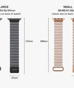 **SEO file name:** `ripple-leather-magnetic-apple-watch-band-size-guide-buko.jpg` **Alt tag:** Ripple leather magnetic Apple Watch band size guide by Buko, showing large 44/45/46/49mm and small 38/40/41/42mm options with strap length and width measurements.