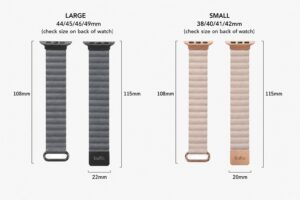 **SEO file name:** `ripple-leather-magnetic-apple-watch-band-size-guide-buko.jpg` **Alt tag:** Ripple leather magnetic Apple Watch band size guide by Buko, showing large 44/45/46/49mm and small 38/40/41/42mm options with strap length and width measurements.