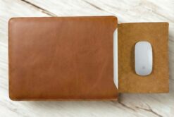 leather laptop case with mouse on opening flap