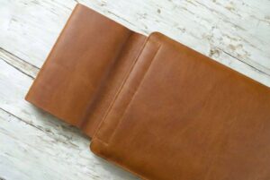 buko leather laptop case on a table open