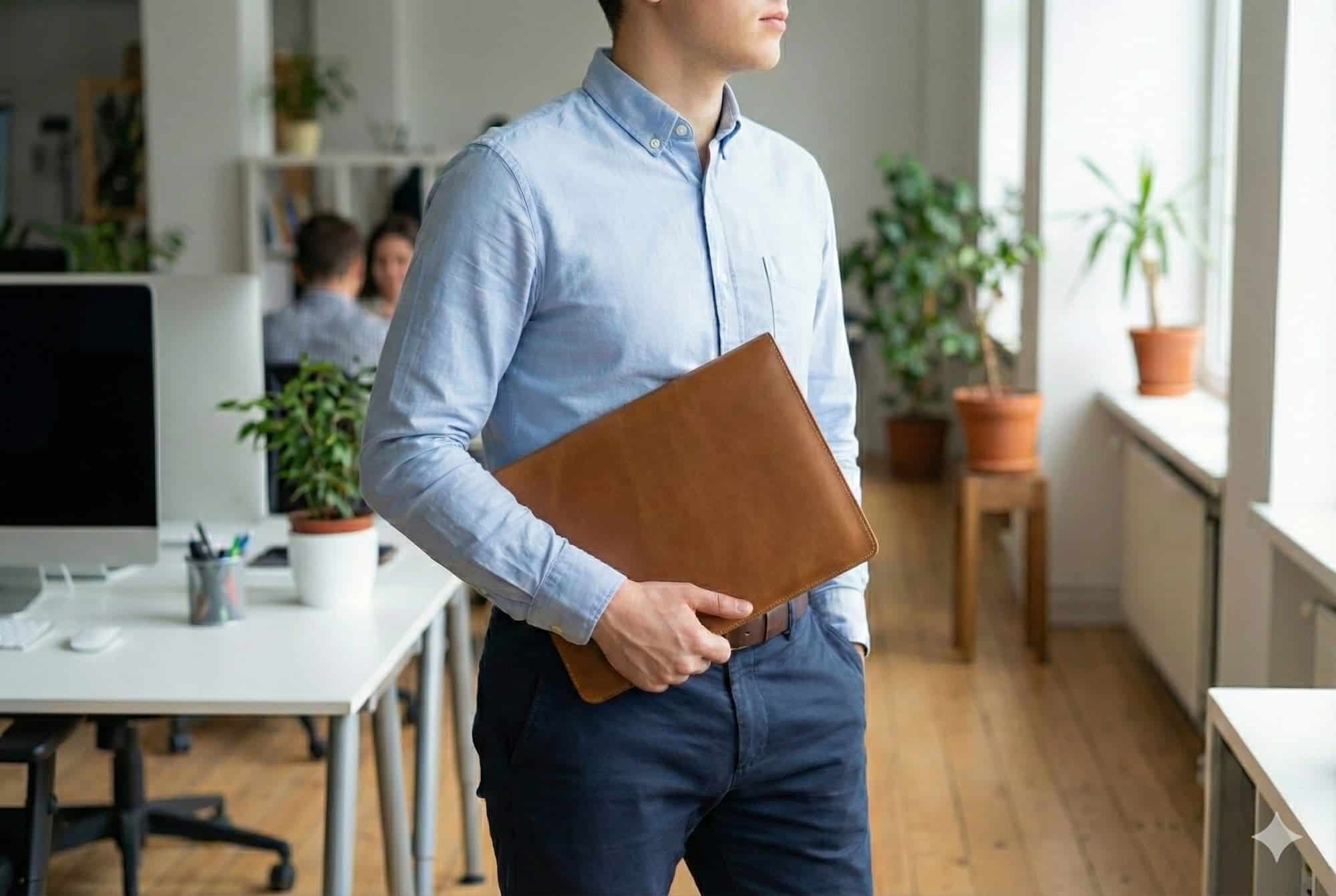 a man holding leather laptop case in an office