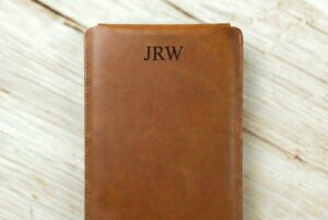 leather laptop case personalised with intials JRW laser engraved