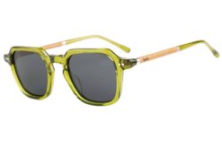 avie fade sunglasses with vibrant green frame and wooden arms