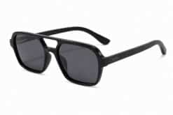 Black thin square aviator sunglasses with grey lenses and subtle buKo logo laser engraved on the right temple arm.