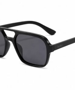 Black thin square aviator sunglasses with grey lenses and subtle buKo logo laser engraved on the right temple arm.