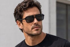 man wearing black midnight frank sunglasses with black wooden arms