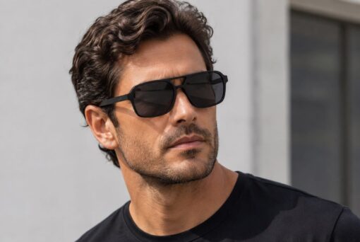 man wearing black midnight frank sunglasses with black wooden arms