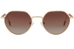 front view of sahara gold metal sunglasses with brown lenses