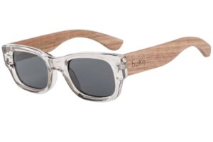 woodstock sunglasses with thin rectangular shape and wood arms