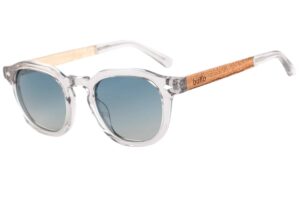 capri sunglasses with transparent frame, wood temples and gradient blue lenses