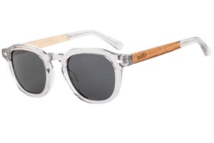 capri sunglasses with transparent acetate frame, grey lenses and wooden temples
