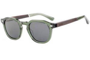 capri sunglasses with olive green acetate frame, dark wood temples and grey lenses