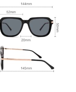 SoCal sunglasses dimensions diagram showing lens width 52mm, lens height 50mm, bridge 20mm, frame width 144mm, and temple length 145mm.
