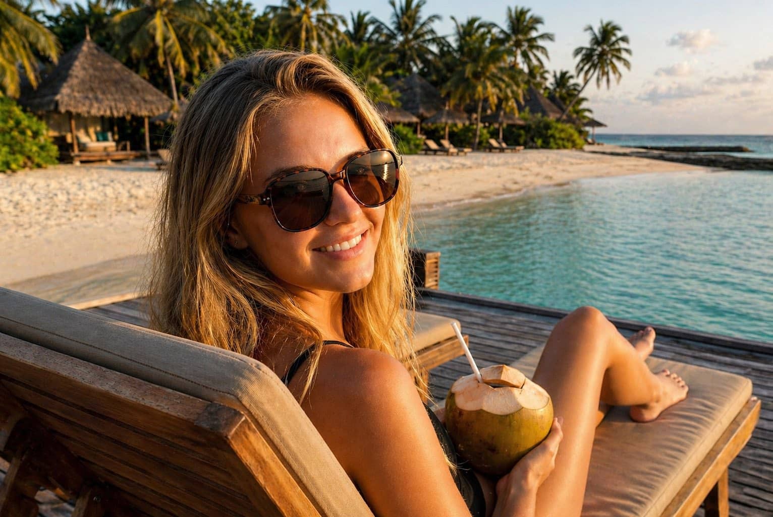 Female model wearing tortoiseshell sunglasses relaxing on a beach lounge with coconut drink by a tropical ocean at sunset