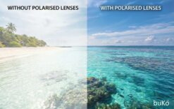 comparison of buko polarised lenses looking at a tropical beach scene