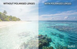 comparison of buko polarised lenses looking at a tropical beach scene
