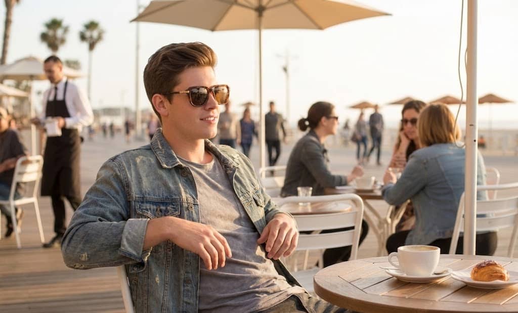 a young man wearing socal sunglasses at a beachside cafe