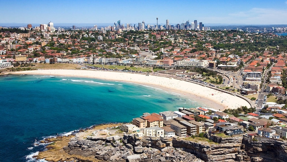 Bondi Beach australia with Sydney city in the background