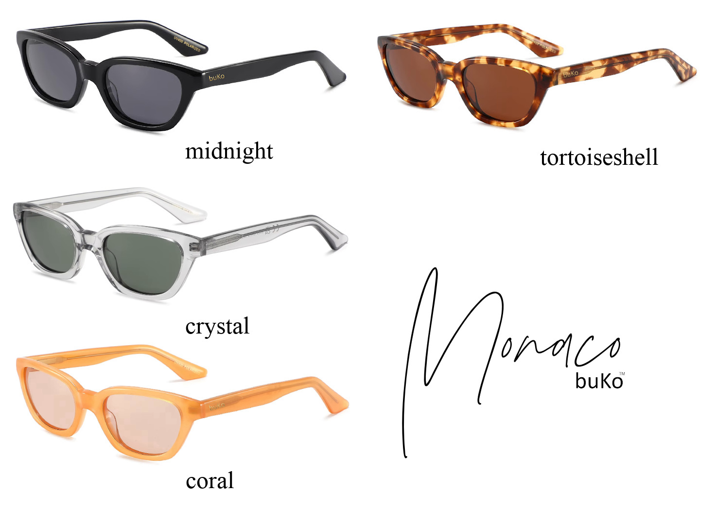four different colour of monaco sunglasses by buko